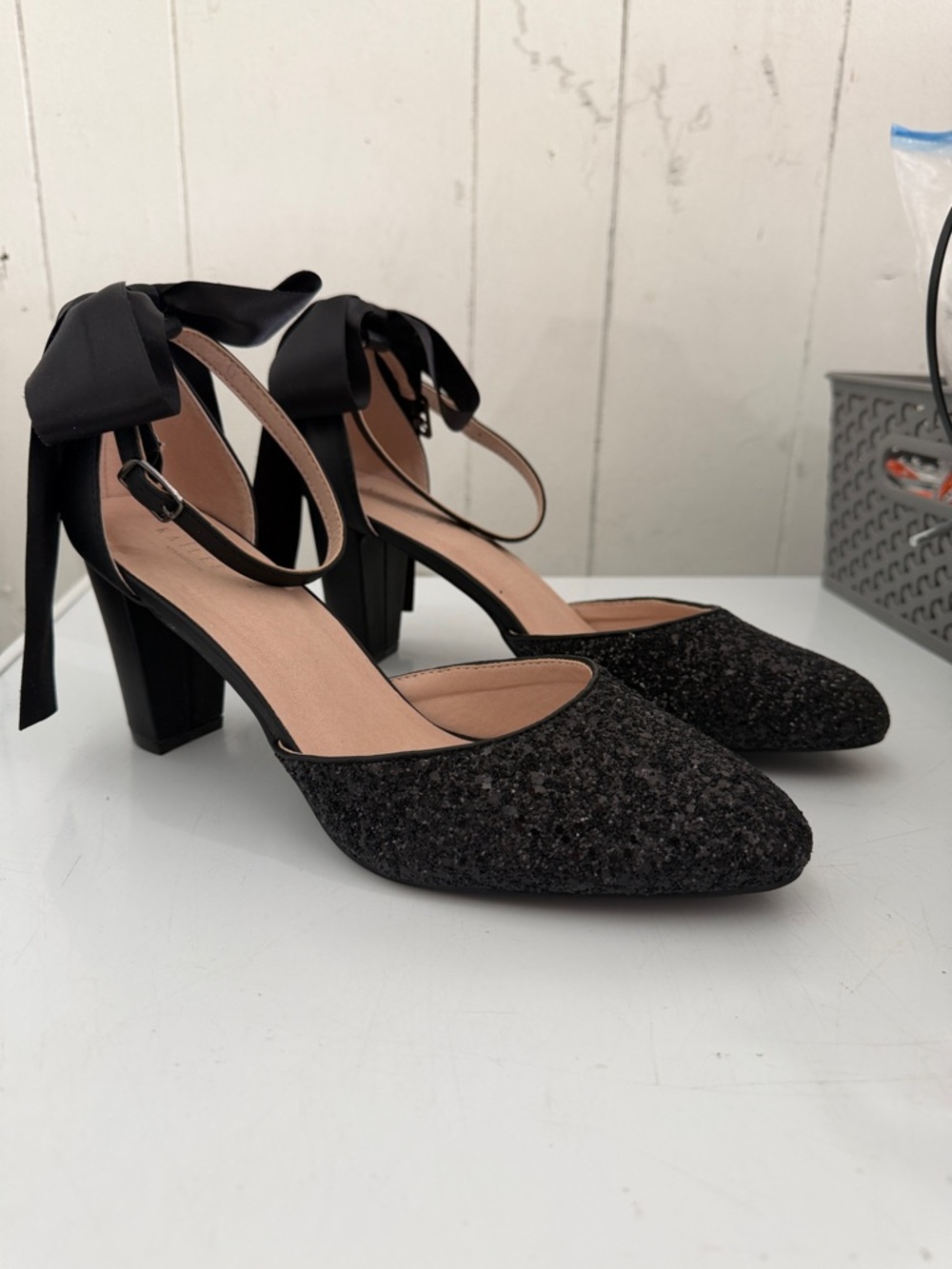 Women’s Black Glitter Block Heel Pumps with Ankle Tie